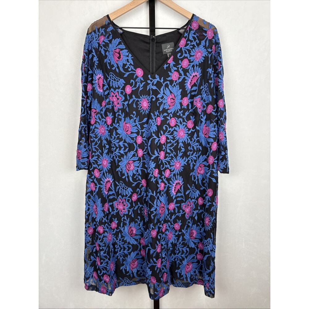 Adrianna Papell Floral Embroidered Sheath Dress Women's 14W Black Mesh Bohemian